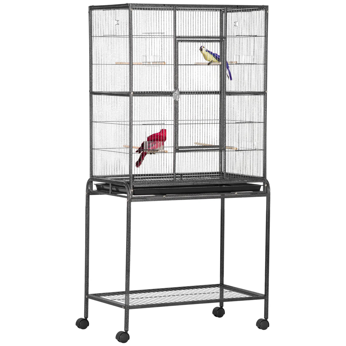 30'' Large Rolling Metal Bird Cage Bird House with Detachable Rolling Stand, Storage Shelf, Wood Perch Food Container - 