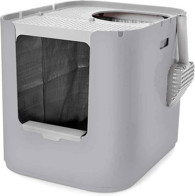 Modkat® XL Litter Box, Top or Front-Entry Configurable, Full Height Seamless Base, Reusable Litter Liners, Sifting Litter Scoop, 2X Bamboo Charcoal Filters - Gray