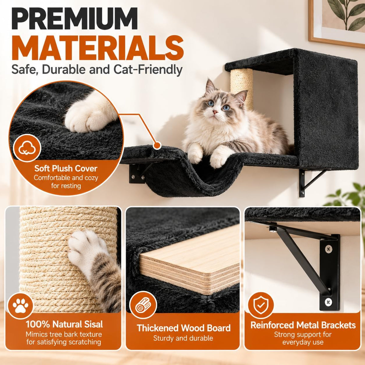 Cat Wall Shelves, Black, 6 in 1 Wall Mounted Cat Furniture Set – Essentials for Cats - image 3