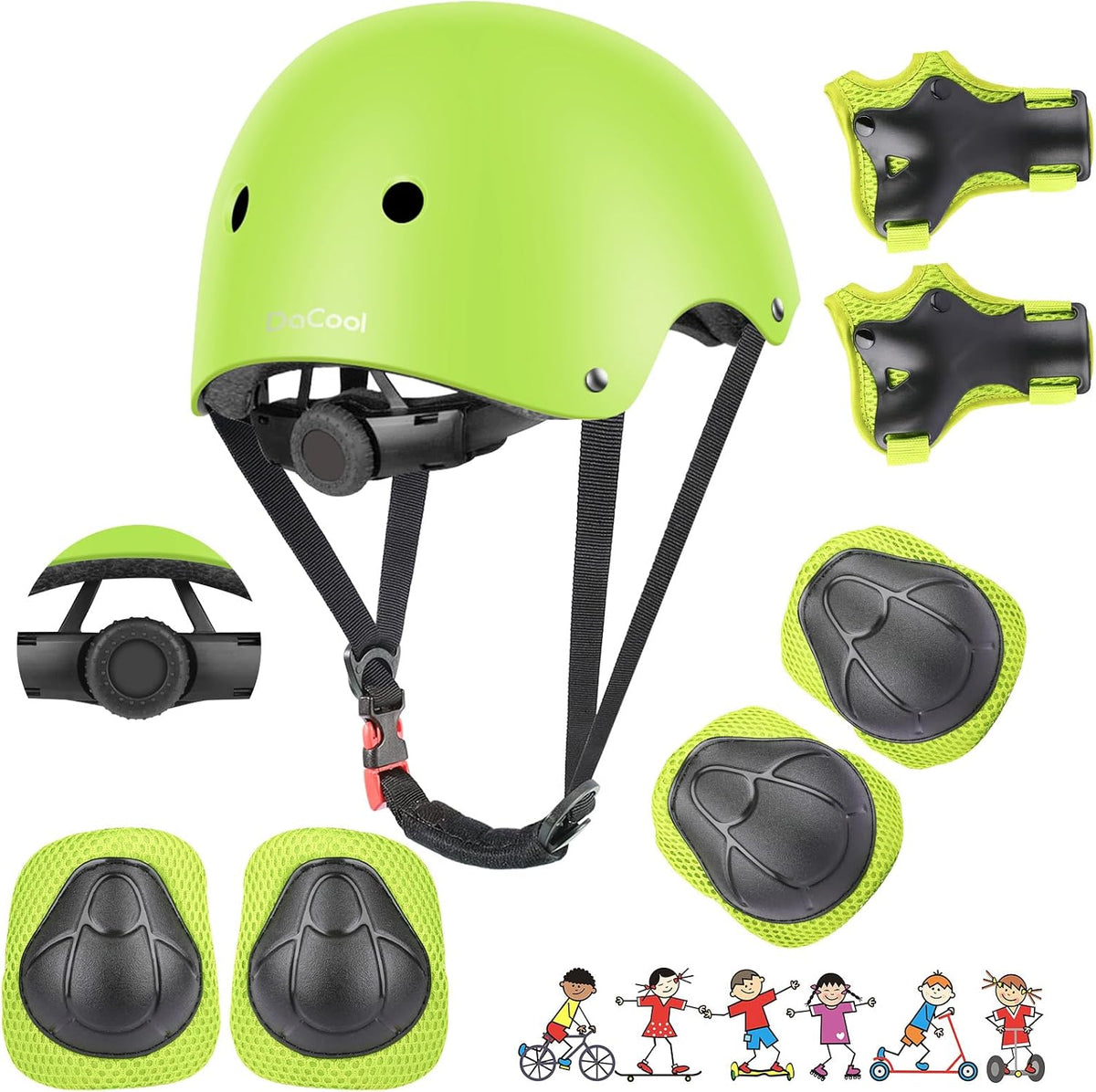 DaCool Kids Bike Helmet Set Skateboard Knee Pads - 4-Green
