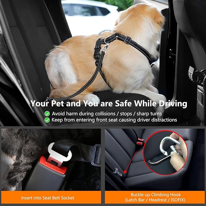 Dog Seat Belt Harness for Car, Dog Car Harness Adjustable Mesh Breathable & Dogs Seatbelt Safety Tether with Elastic Bungee for Small Medium Large Pets(Carbon Black, M)