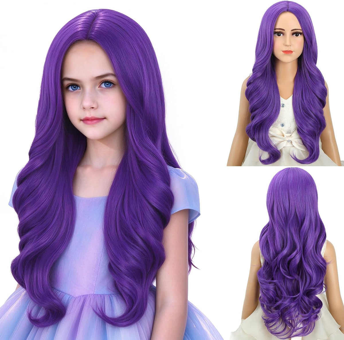 DUDUWIG long black wavy curly middle part wig for kids with wig cap - view 6