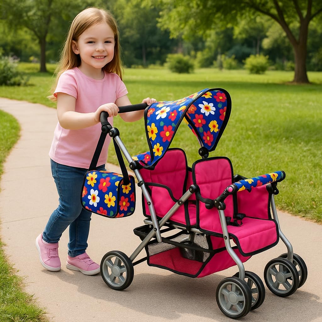 Exquisite Buggy, Twin Doll Stroller with Diaper Bag and Swivel Wheels & Adjustable Handle - Pink - Flower