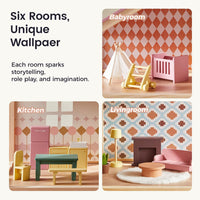 Tiny Land Wooden Dollhouse for Girls, 6 Rooms Wooden Doll House - Dusty Pink - image 3