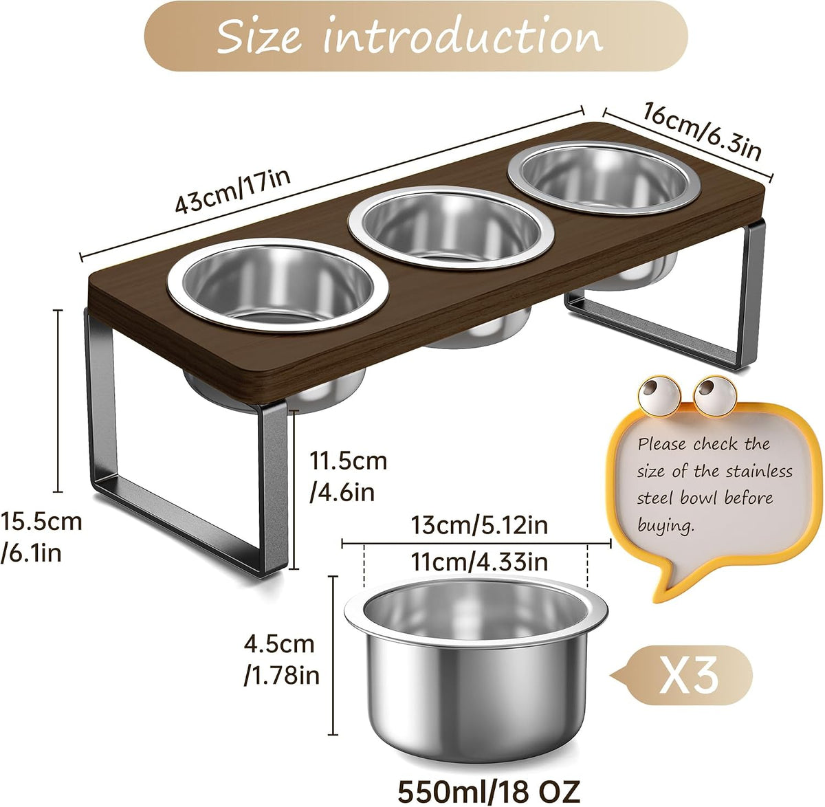 Elevated Cat Bowls with 3 Stainless Steel Bowls - Walnut 2 PACK - image 3