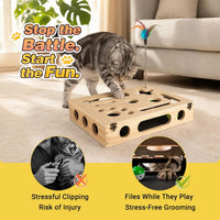 OPDEKEHA wooden cat scratch puzzle enrichment box with bell balls and feather wands - view 3