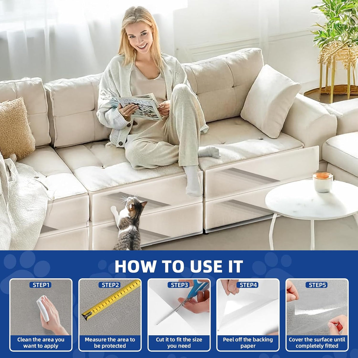 TOOSOFt Anti Cat Scratch Furniture Protector Clear Vinyl 196.9"x16.5" – Essentials for Cats - 160"x12.4" - image 4