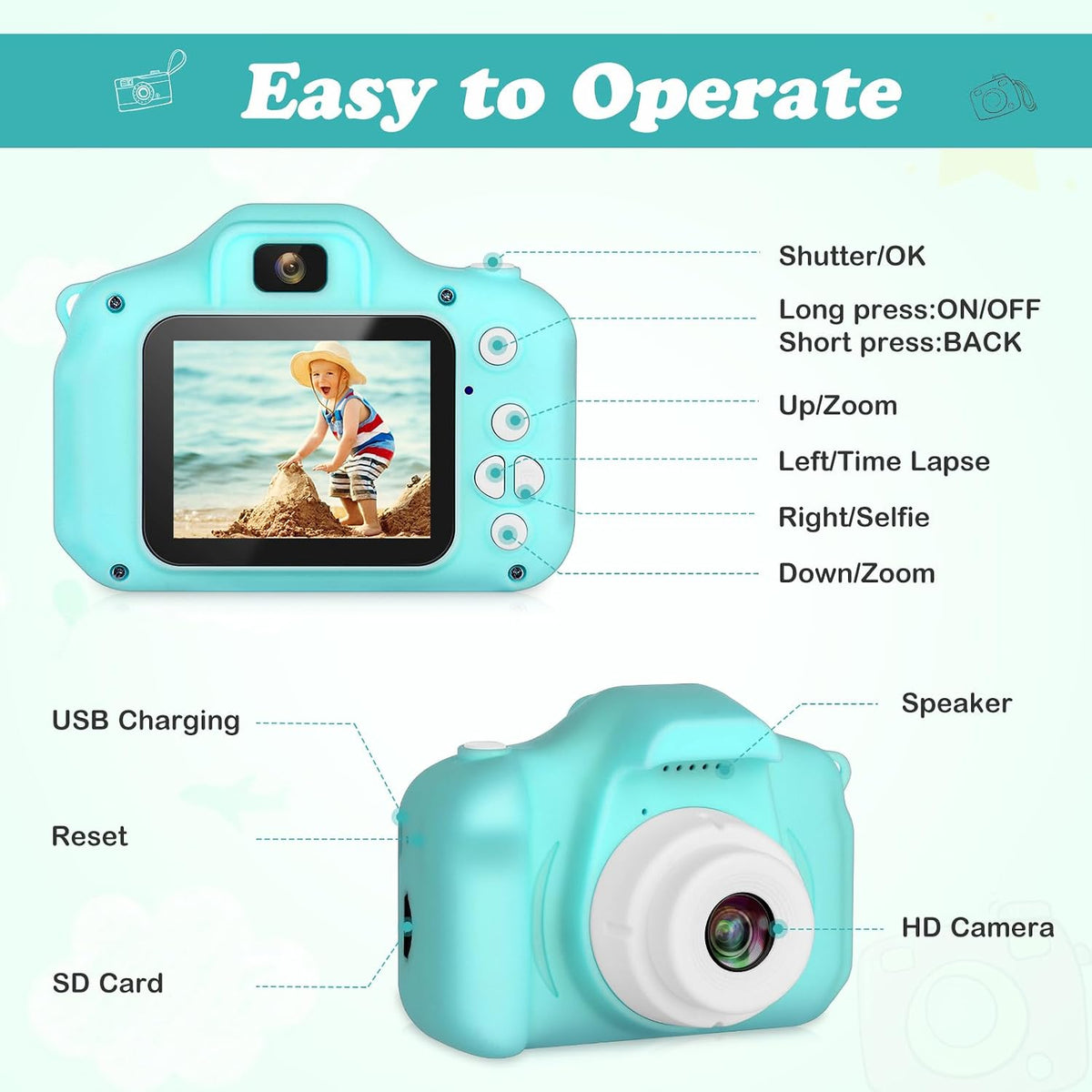 Zeacool Kids Camera, HD Digital Video Camera - Green - image 2
