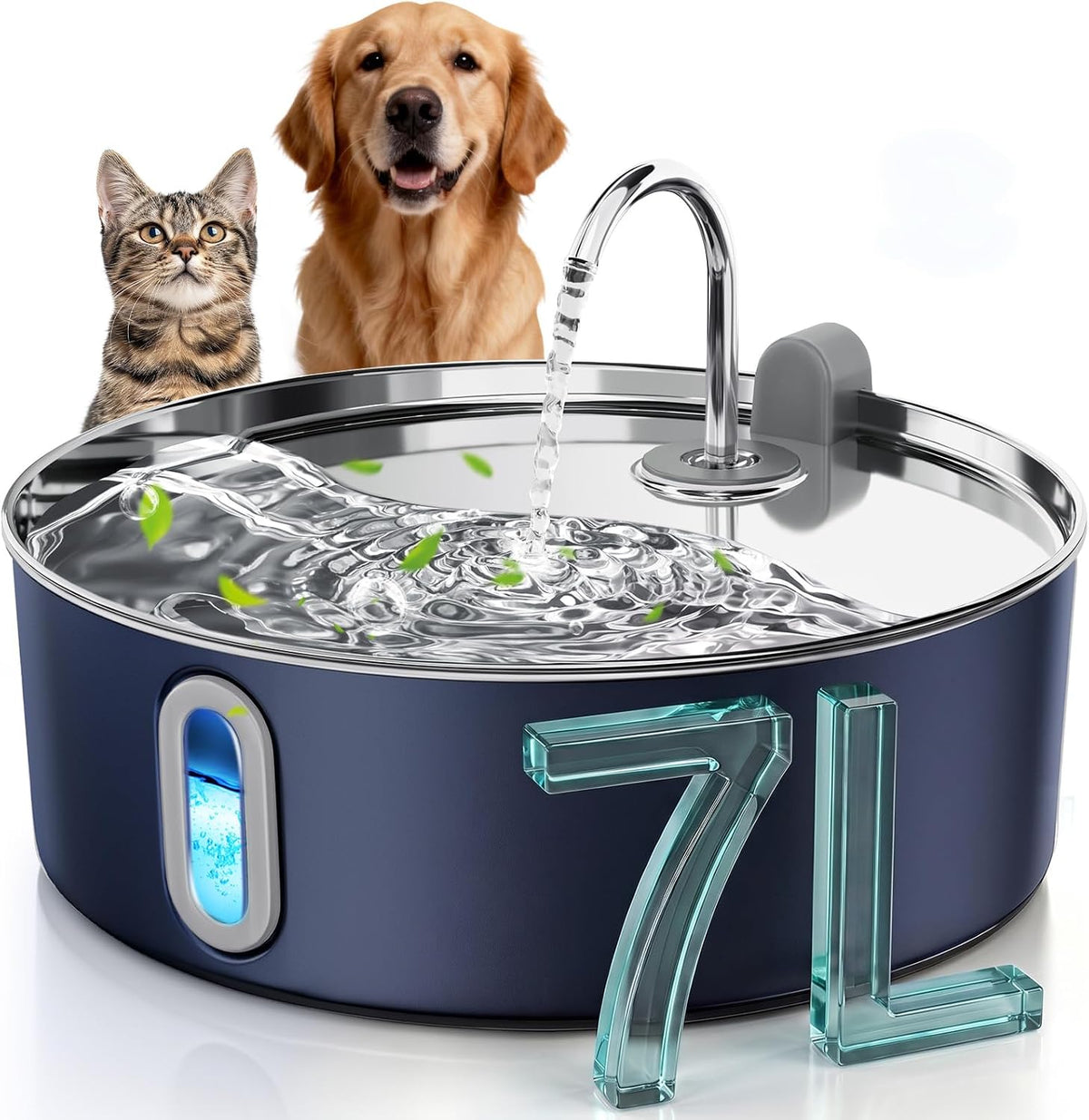 7L/236oz Stainless Steel Dog Water Fountain for Large Dogs & Cats – Essentials for Dogs - Navy Blue / Water Fountain + 1 Filter + 1 Sponge