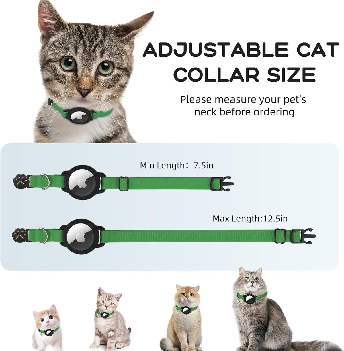 AirTag Cat Collars, Stretchy Collar with Air Tag Holder and Bell – Essentials for Cats - Dark Green - image 3