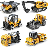 Tcvents 6-piece set of yellow diecast mini construction trucks including excavator and dump truck