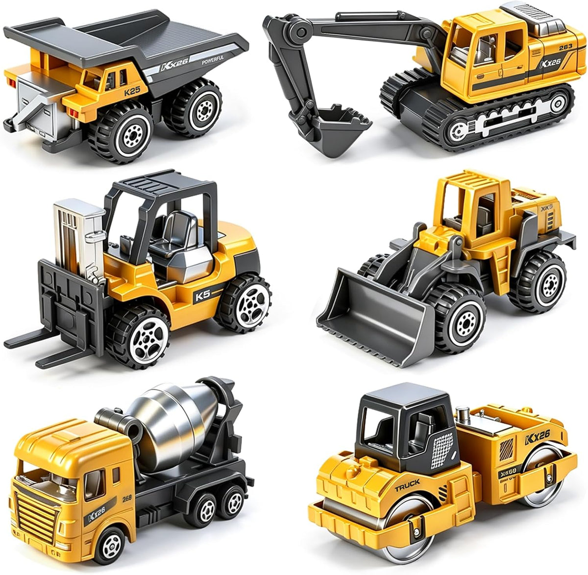 Tcvents 6-piece set of yellow diecast mini construction trucks including excavator and dump truck