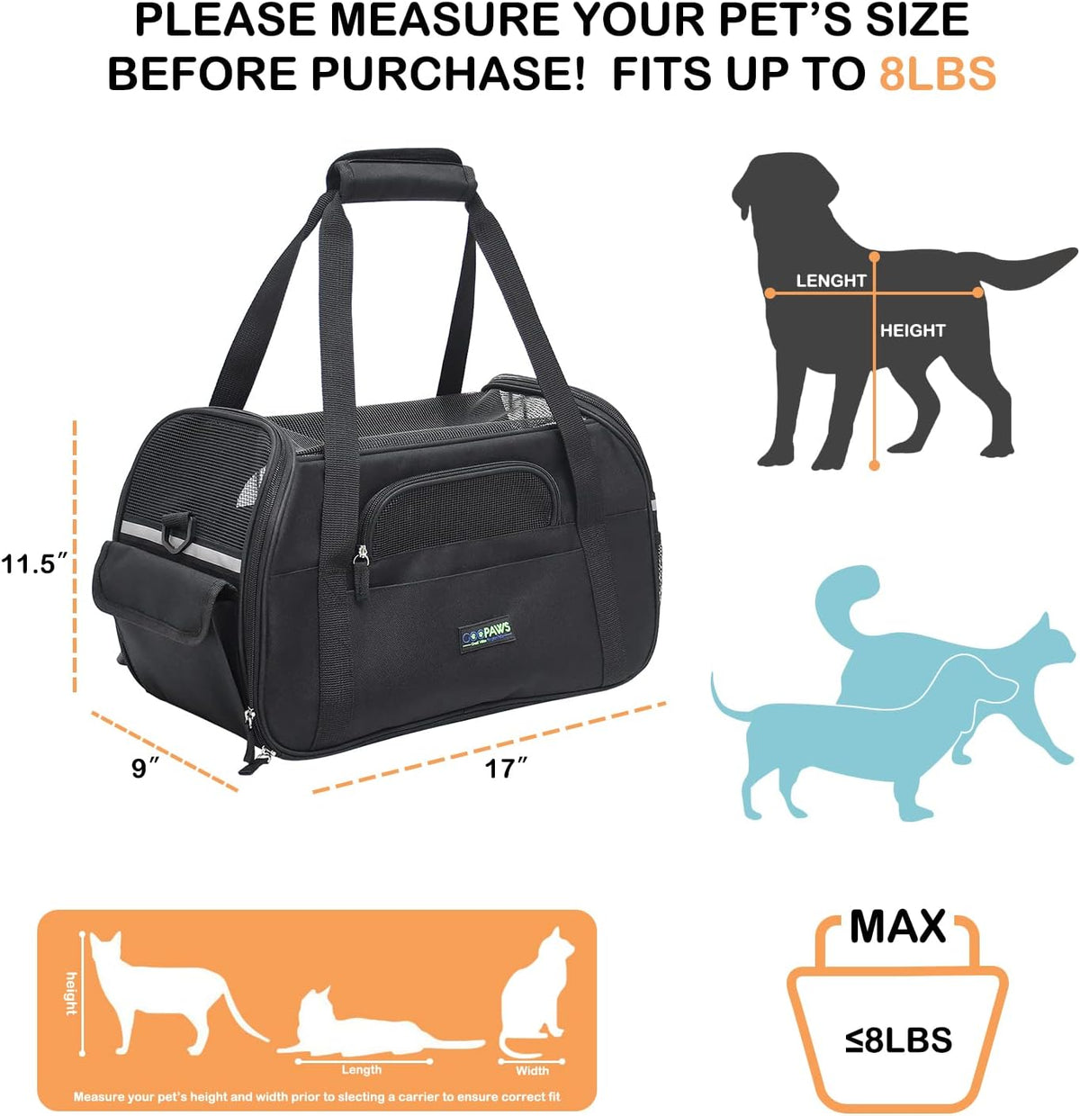 JESPET Soft-Sided Airline-Approved Dog & Cat Carrier Travel Bag – Essentials for Cats - 17.0"L x 9.0"W x 11.5"H / Black - image 2