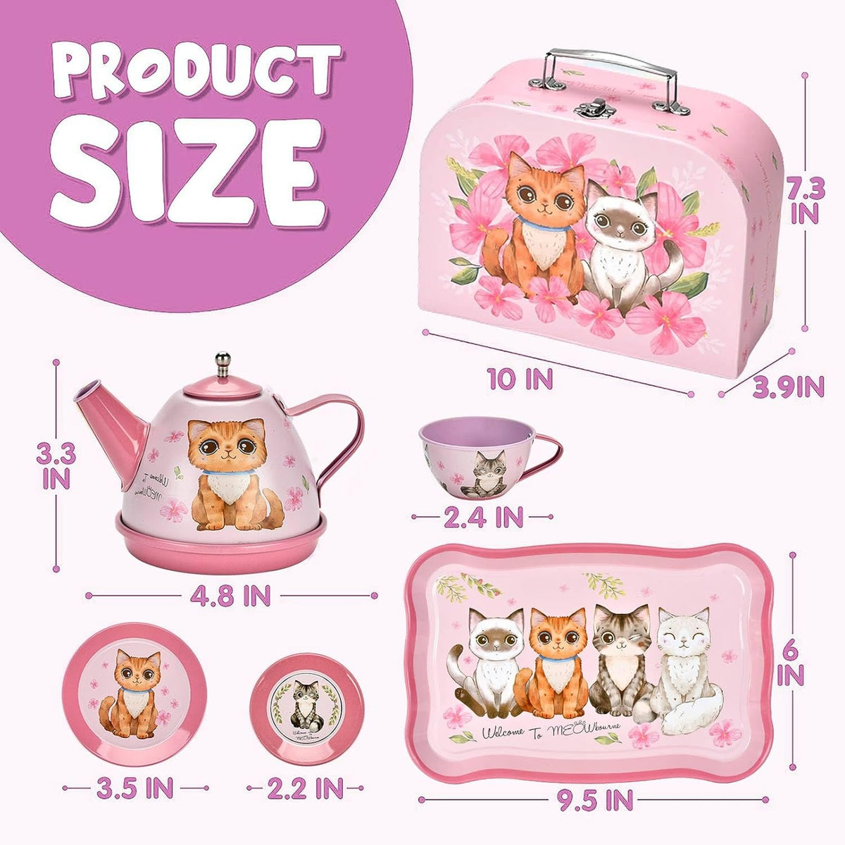 Lajeje Pretend Play Tea Set for Little Girls Ages 3-8 - Cat Tin Teapot Set - image 3