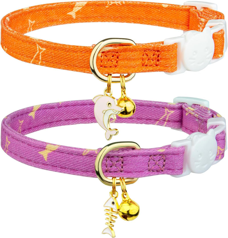 2 Pack Cotton Cat Collar Pink Strawberrie White Heart Cute Kitten - Orange&Purple