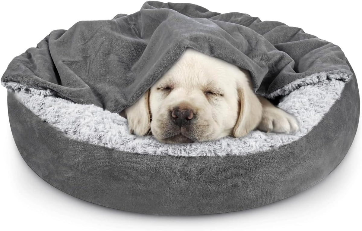 JOEJOY Small Dog Bed Cat Bed with Hooded Blanket - S(23" x 23" x 7") / Dark Grey
