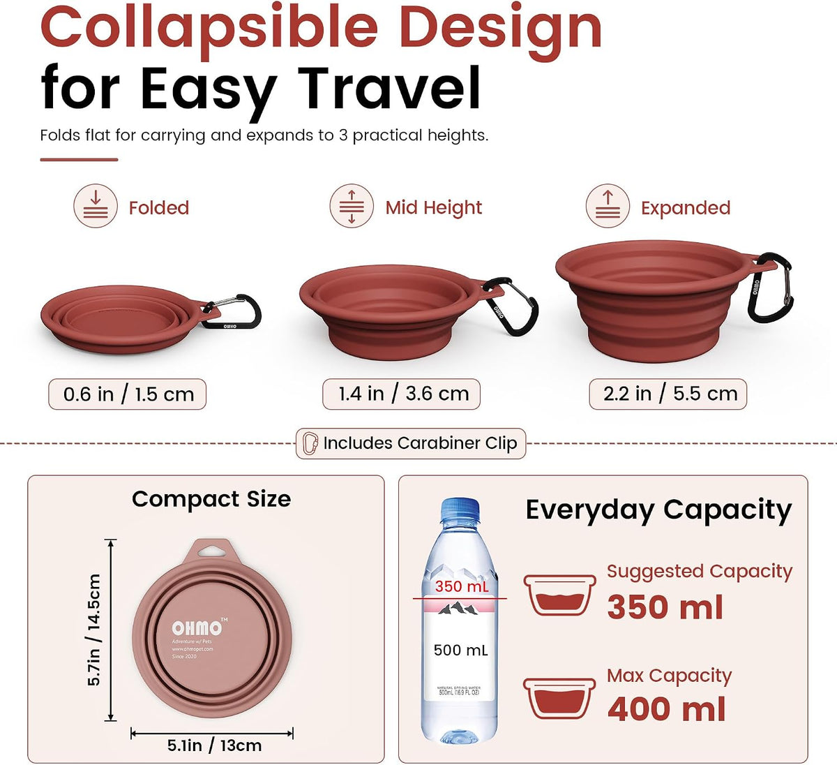 OHMO Collapsible Dog Bowls for Pet Travel, Coral&Brick Red - 2x12oz / Erythrinus&Coral - image 3