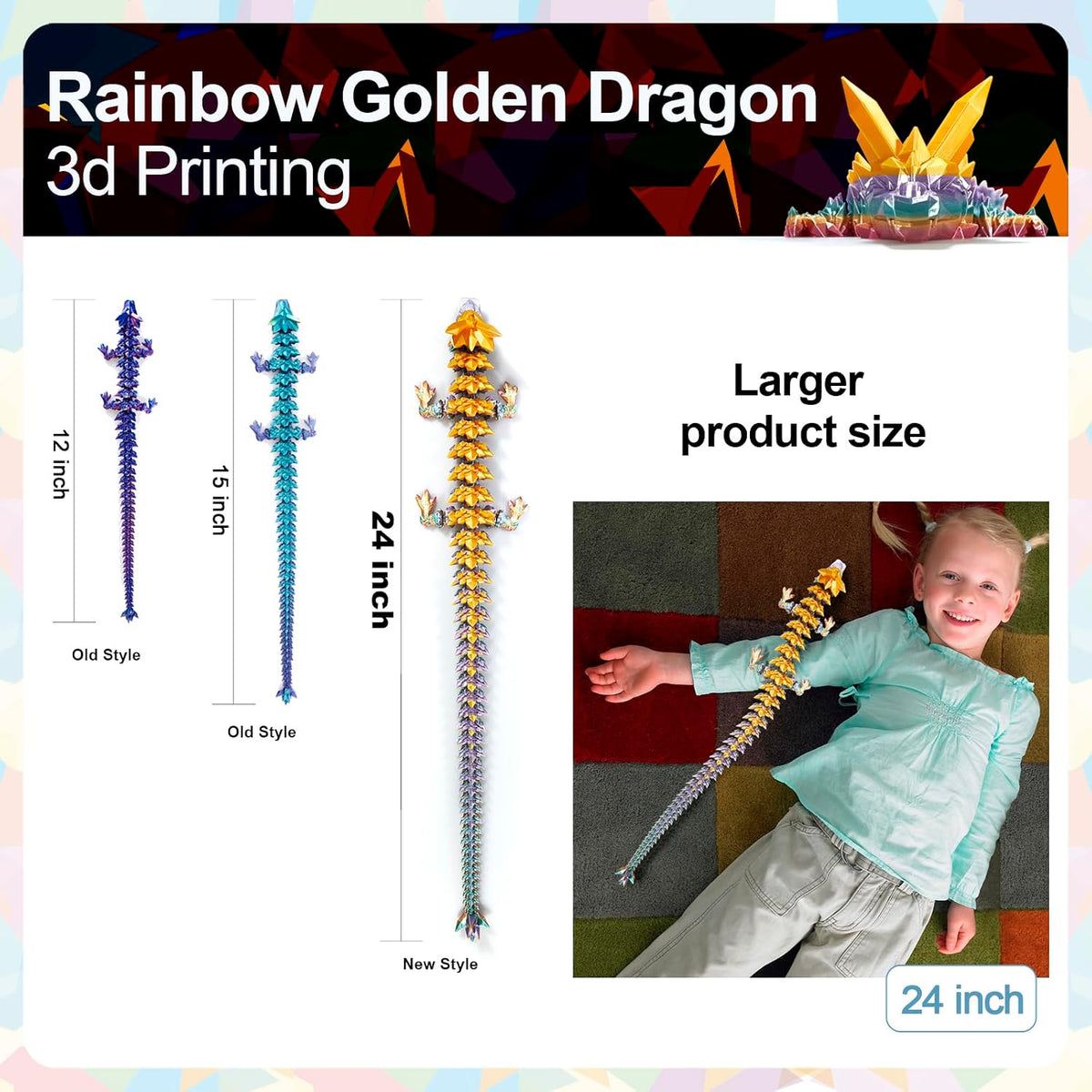 3D Printed Dragon 24 Inch - Gold Rainbow / 24in - image 3