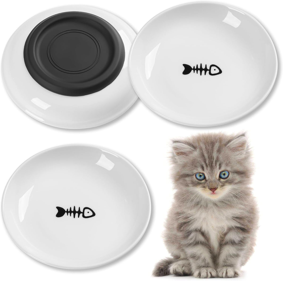 Cat Food Bowl, Whisker Friendly Ceramic Cat Bowls with Nonslip Silicone Bottom, Pack of 3 Quiet - Fishbone Shallow 3 Pack