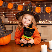 MUFEIRUO Halloween black cat plush holding pumpkin bag, wearing orange witch hat - view 18