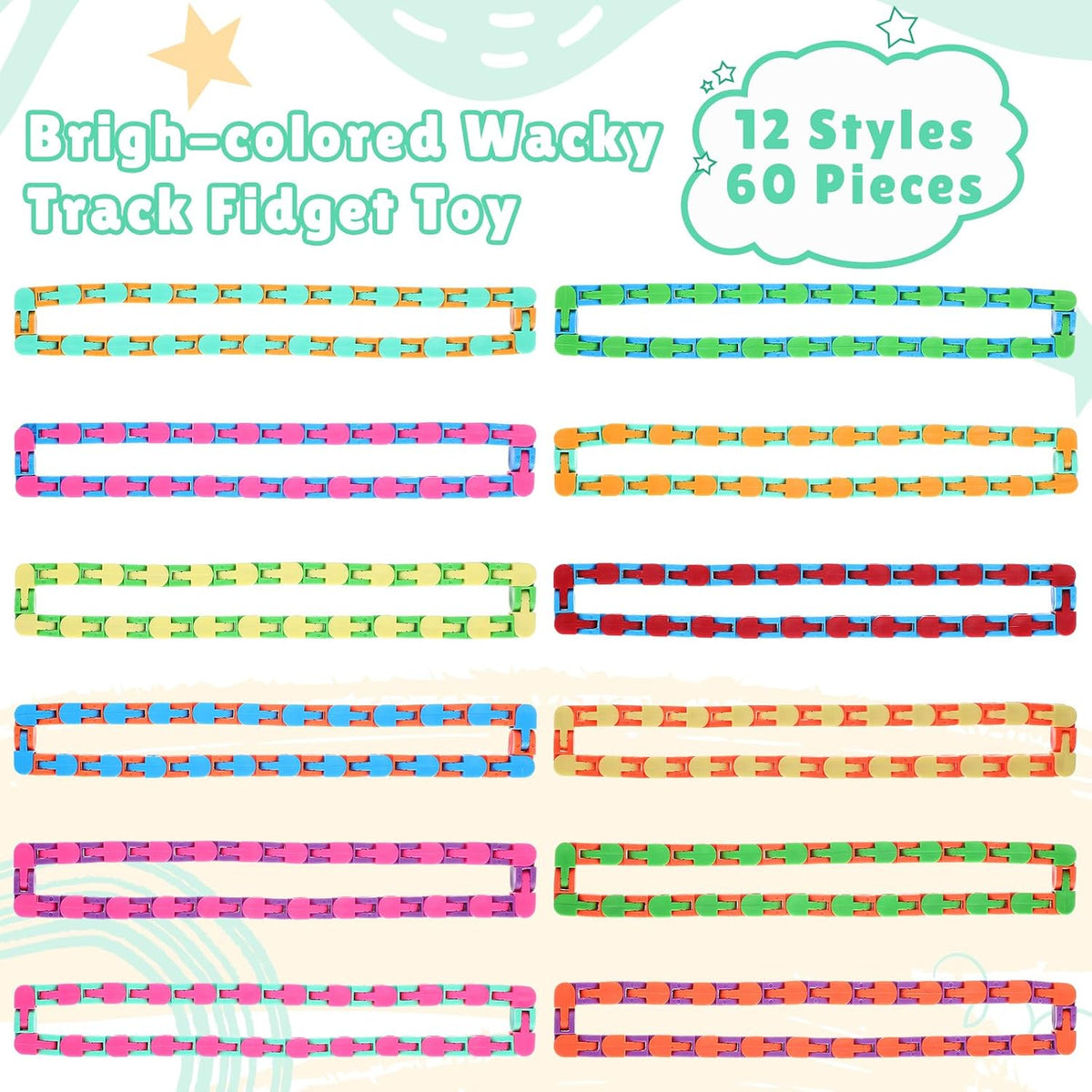 Sotiff wacky tracks fidget toys, 60 pack of clicking snap link chains in assorted colors - view 4