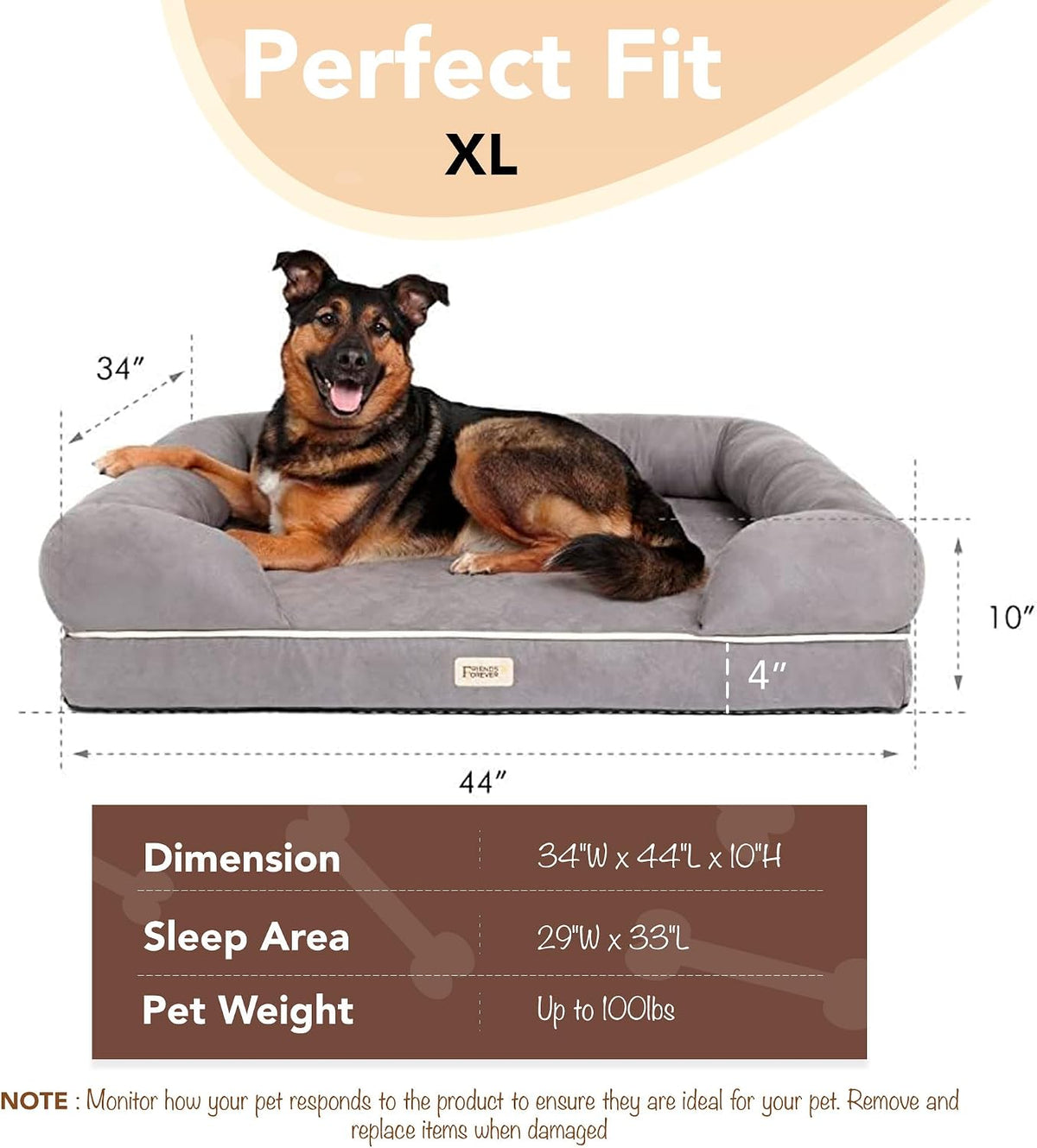 Friends Forever Large Dog Bed Couch - Memory Foam Dog Bed / Chester Grey / 44.0"L x 34.0"W x 10.0"Th - image 4