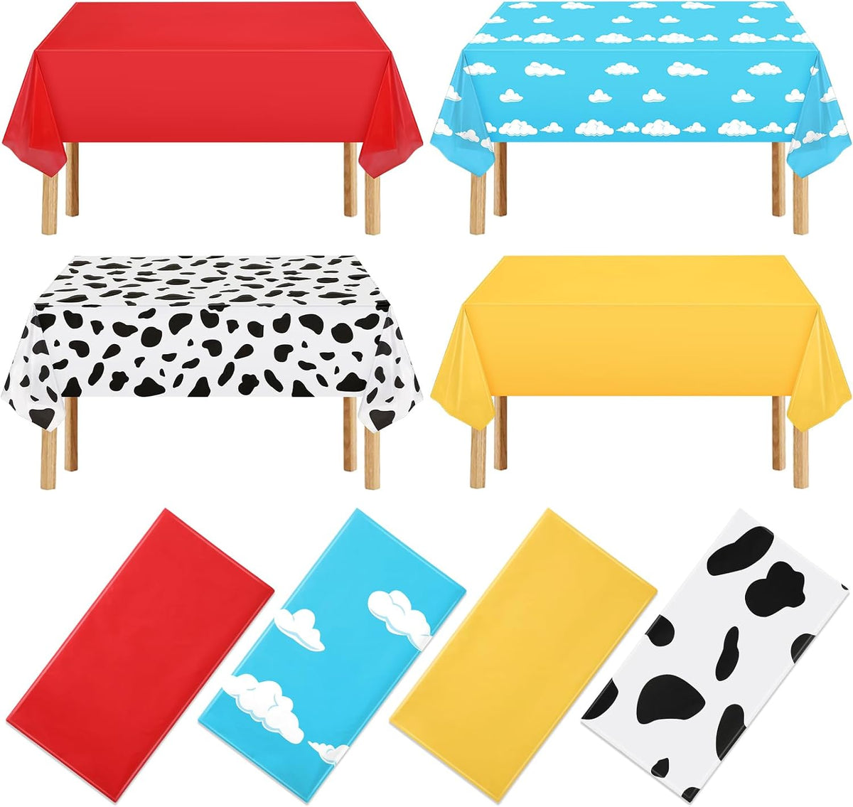 NOVWANG kids party tablecloth 4-pack in red, yellow, cloud and cow print - view 6