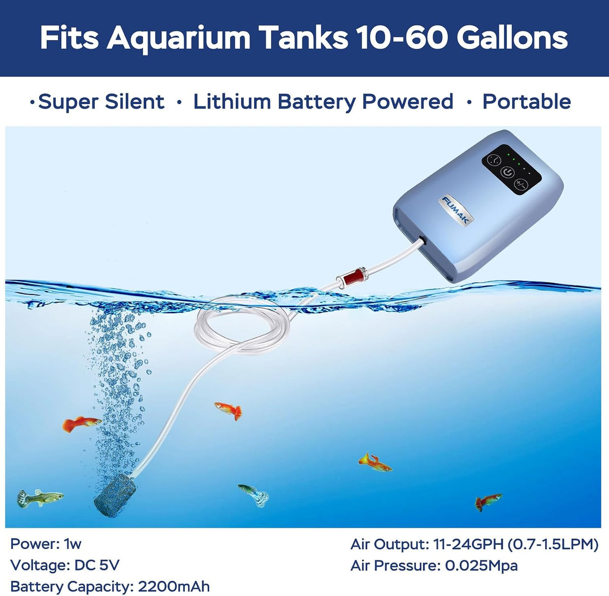 Aquarium Air Pump, USB Rechargeable Lithium Battery Powered Portable Air Pump for Fish Tanks, AC/DC - For Aquarium up to 60 Gal - image 2