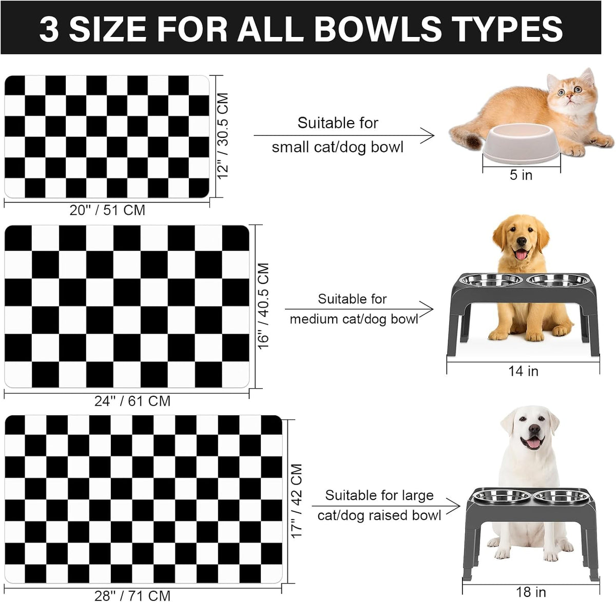 Cat Food Mat, 12"x 20" Cat Dog Mats for Food and Water Bowl - 16"L x 24"W / Black & White - image 3