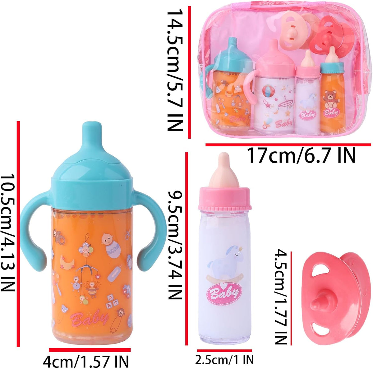 Beem Jun pink baby doll bottles and pacifiers set in a clear zippered bag - view 9