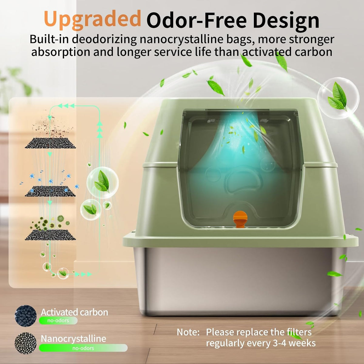 Stainless Steel Cat Litter Box with Lid, Flip-Top XL Large - Green - image 3