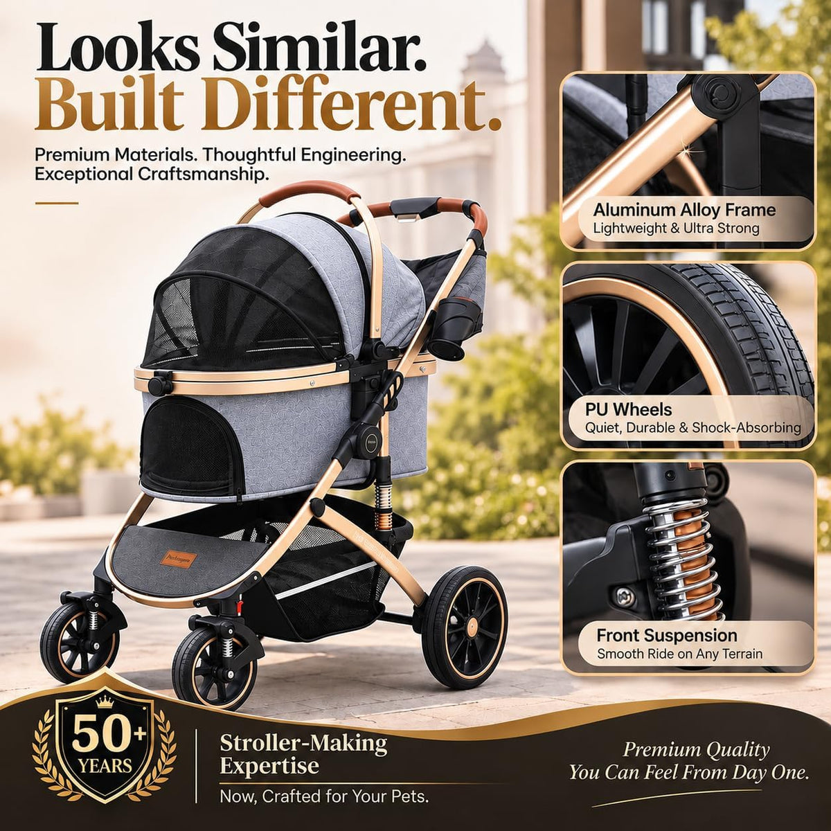Pettingzoo Dog Stroller, Aluminum Frame, Removable Carrier - gray - image 3
