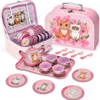 Lajeje Pretend Play Tea Set for Little Girls Ages 3-8 - Cat Tin Teapot Set