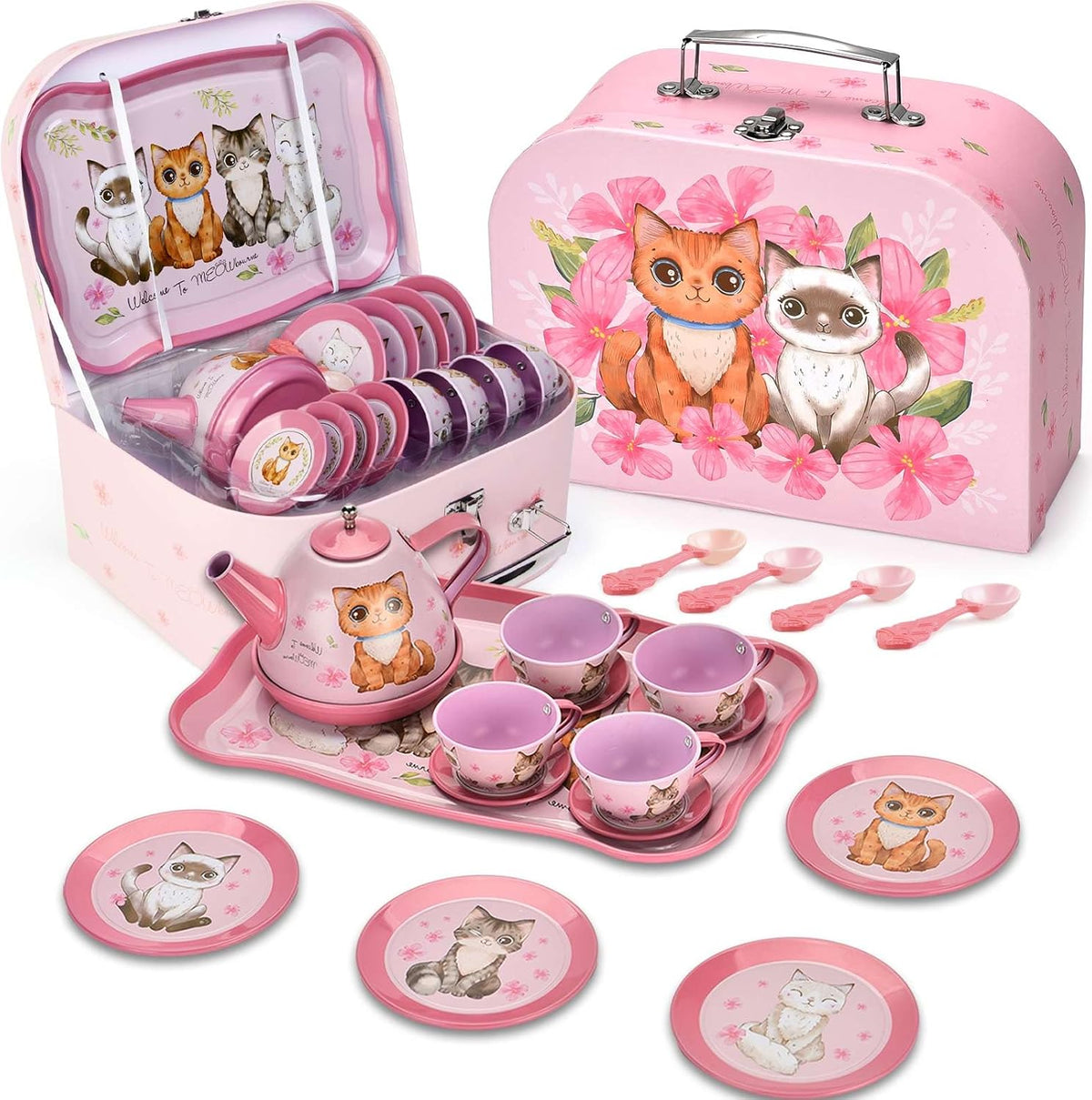 Lajeje Pretend Play Tea Set for Little Girls Ages 3-8 - Cat Tin Teapot Set