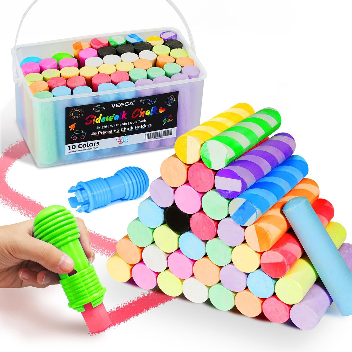 VEESA Washable Sidewalk Chalk for Kids, 10 Bright Colors - 1 Count (Pack of 48)