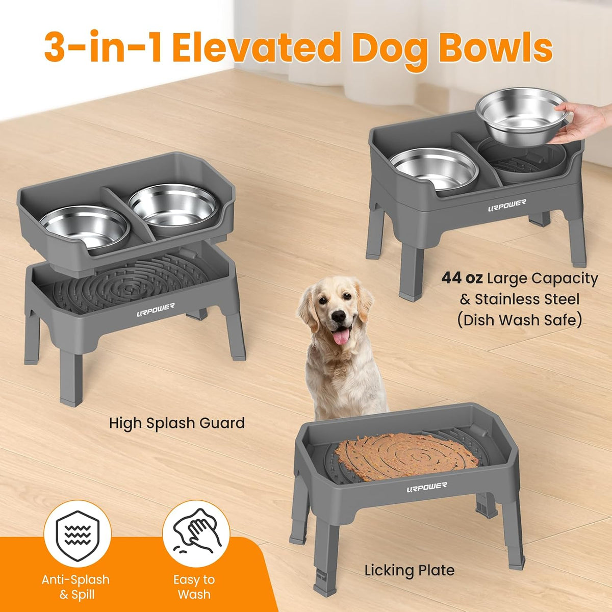 URPOWER Elevated Dog Bowls - Grey / Large - image 4