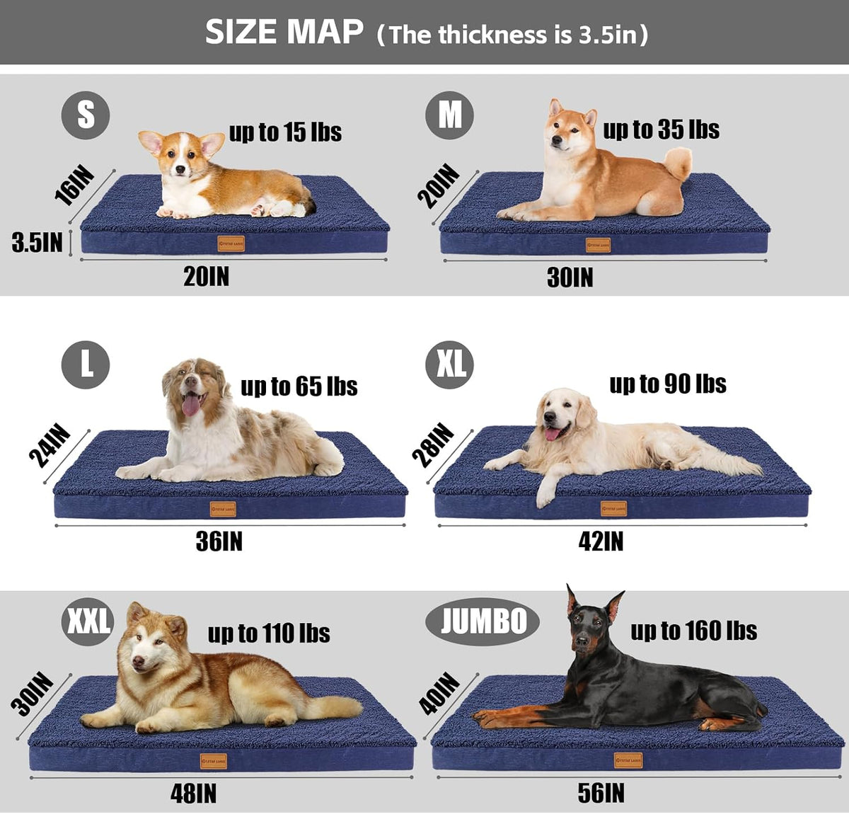 Patas Lague Orthopedic Large Dog Bed Washable Pet Sofa Mat 36''X24'' - 48"L x 30"W x 3.5"Th / Navy Blue - image 3