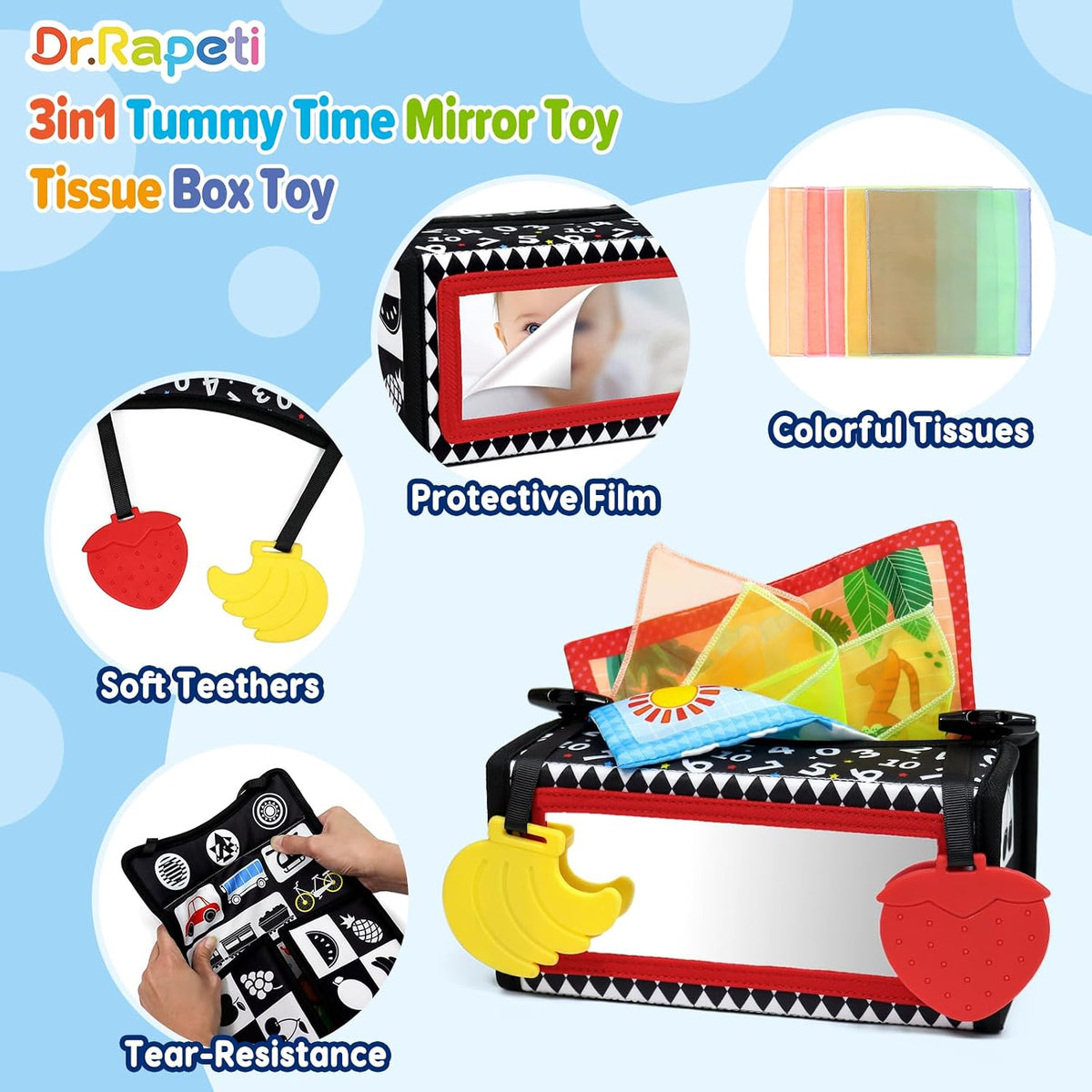 Dr.Rapeti 3in1 Tissue Box Toy, Tummy Time Mirror Toy - image 4