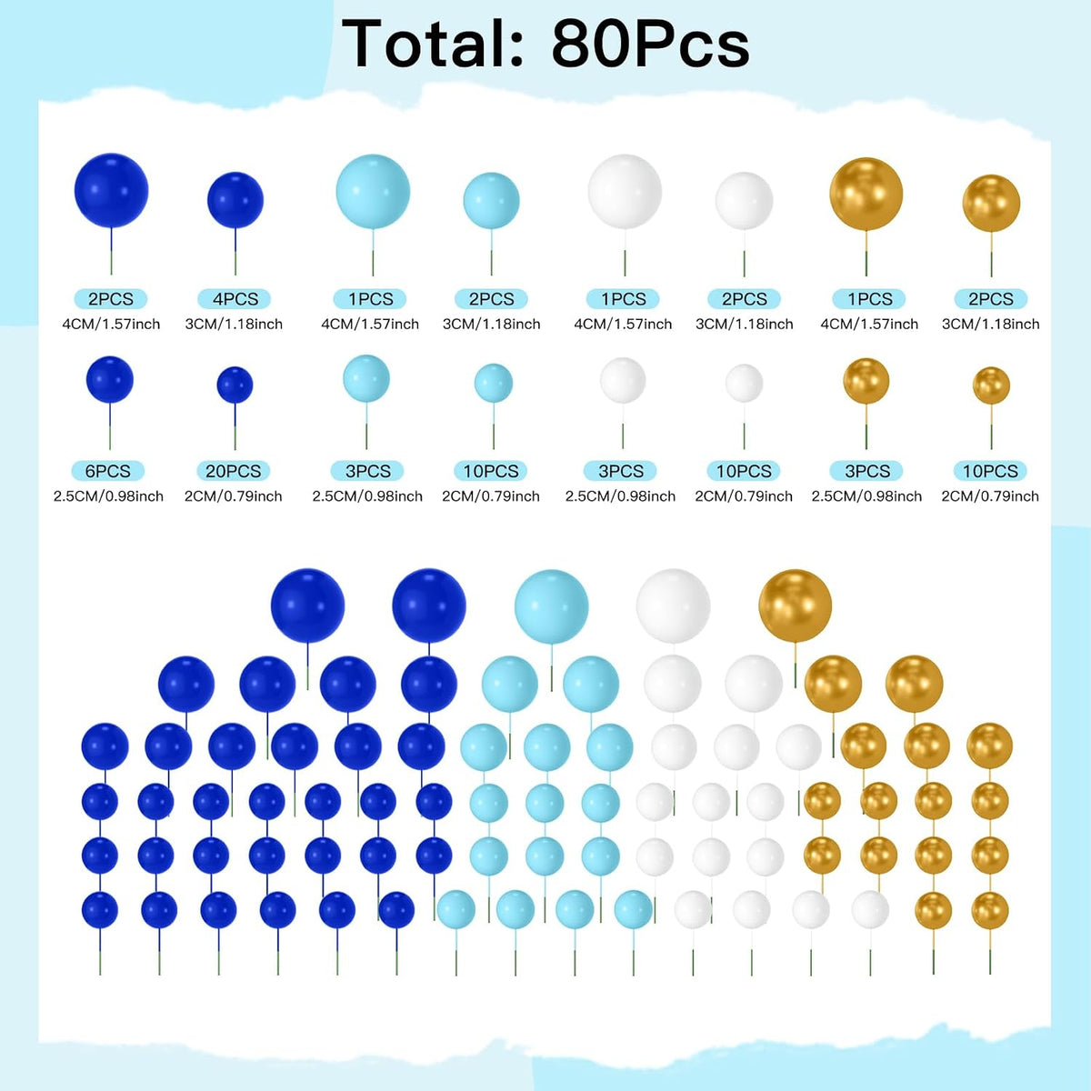 NACHLYNN 80 Pcs Cake Balls Decorations Mini Balloon Cake Topper Balls - Blue White Gold Series - image 2
