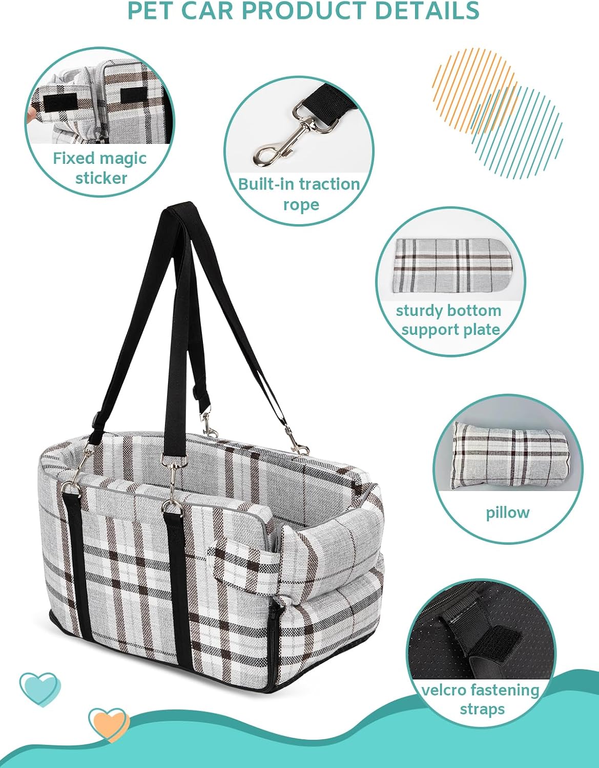 Dog Car Seat for Small Dogs, Center Console Seat for Puppy - Grid Grey - image 3