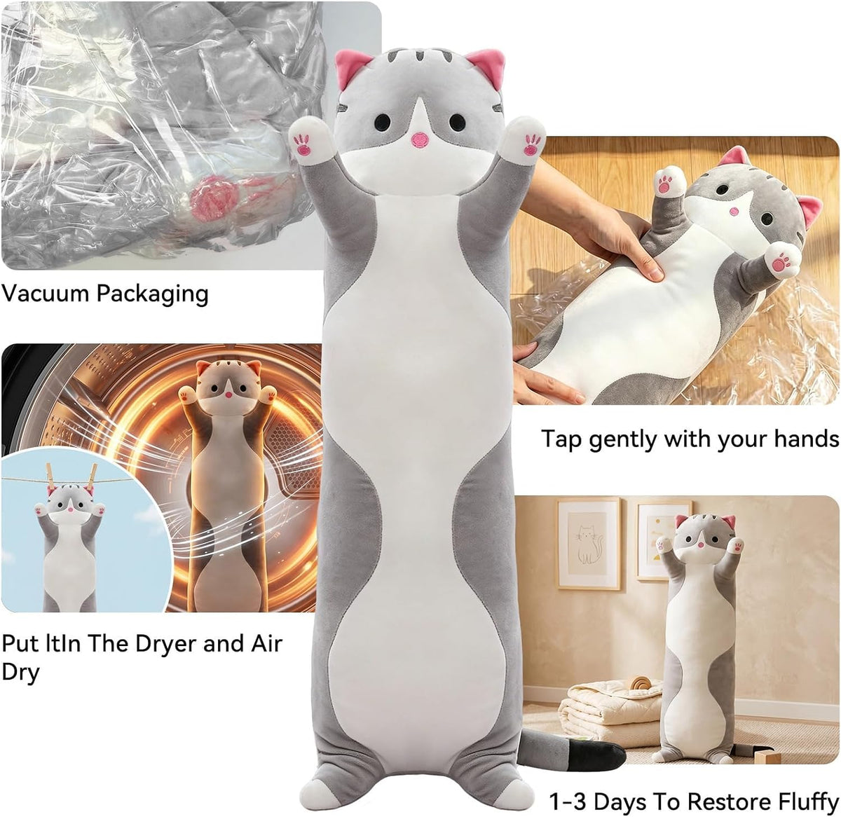 Cute Long Cat Plush Body Pillow, Soft Stuffed Animals 19.7 Inch – Fun for Kids & Family - Gray / 19.7 inches - image 2