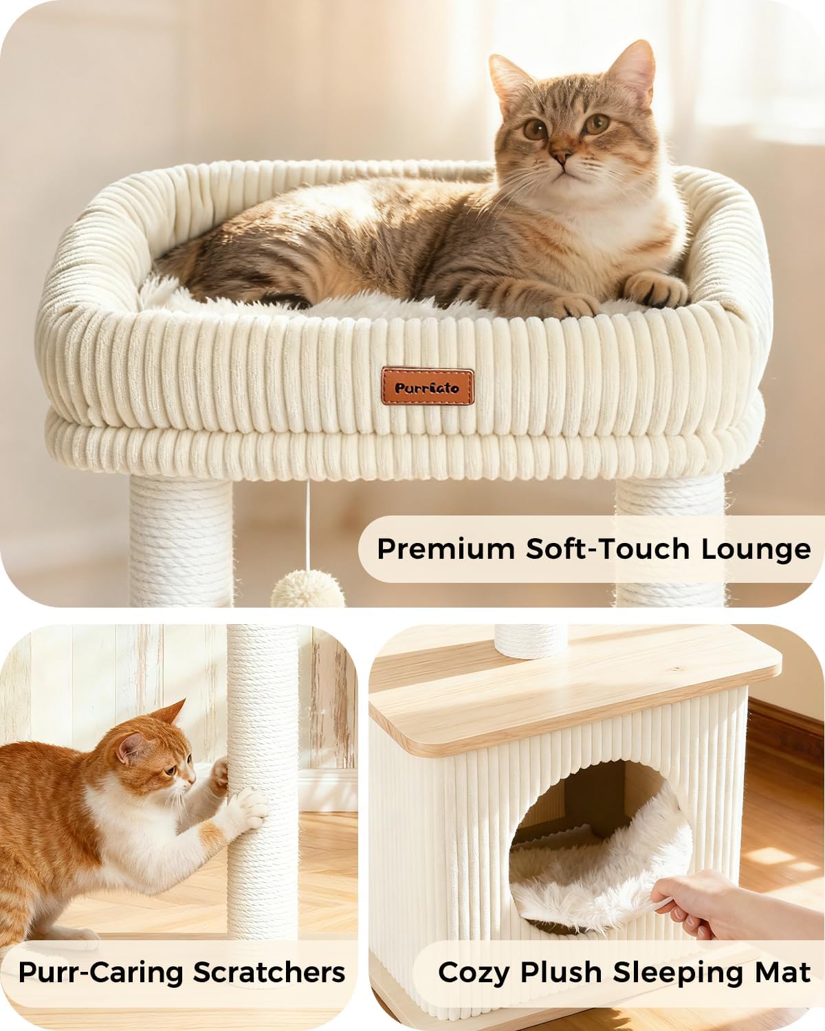 29" Small Cat Tree, Boho Wood Cat Tower with Sisal Scratching Post – Essentials for Cats - Ash White / Medium - image 2