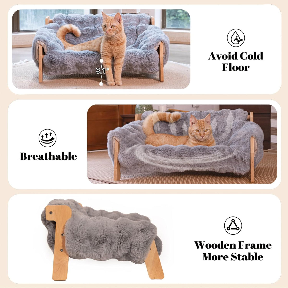 Elevated Cat Couch Bed Wooden Raised Kitty Sofa Lounge Chair – Essentials for Cats - Cat Sofa-Dark Grey(Blue) - image 4
