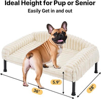 Veehoo Elevated Dog Bed with Bolster Cushion, Fluffy Plush Dog Couch Beds for Small Dogs, Cats, Washable Raised Pet Cot with Non-Slip Feet for Indoor or Patios Use, 36 x 28 Inches, White