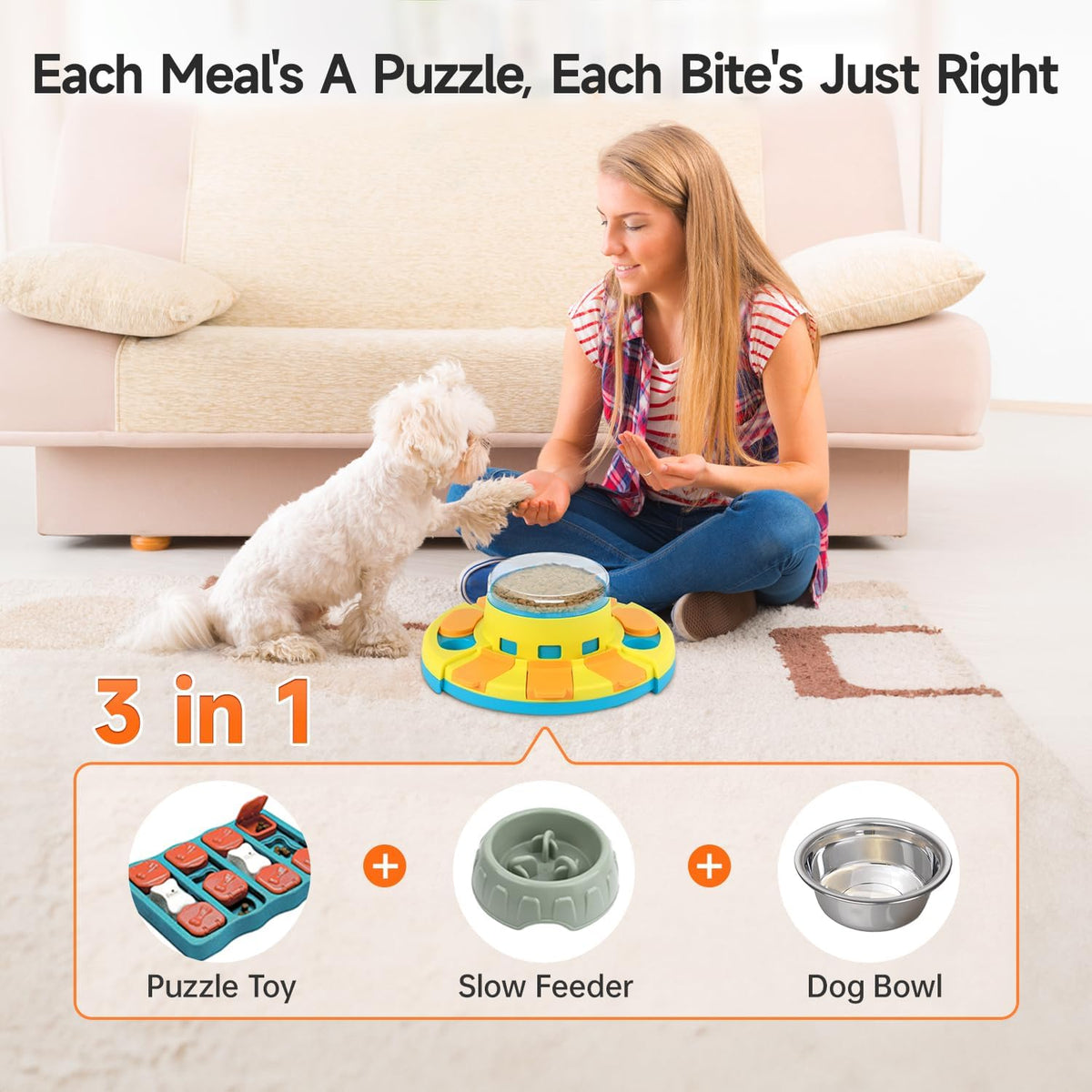 Potaroma Dog Puzzle Toy 2 Levels, Slow Feeder - Yellow Blue - image 2