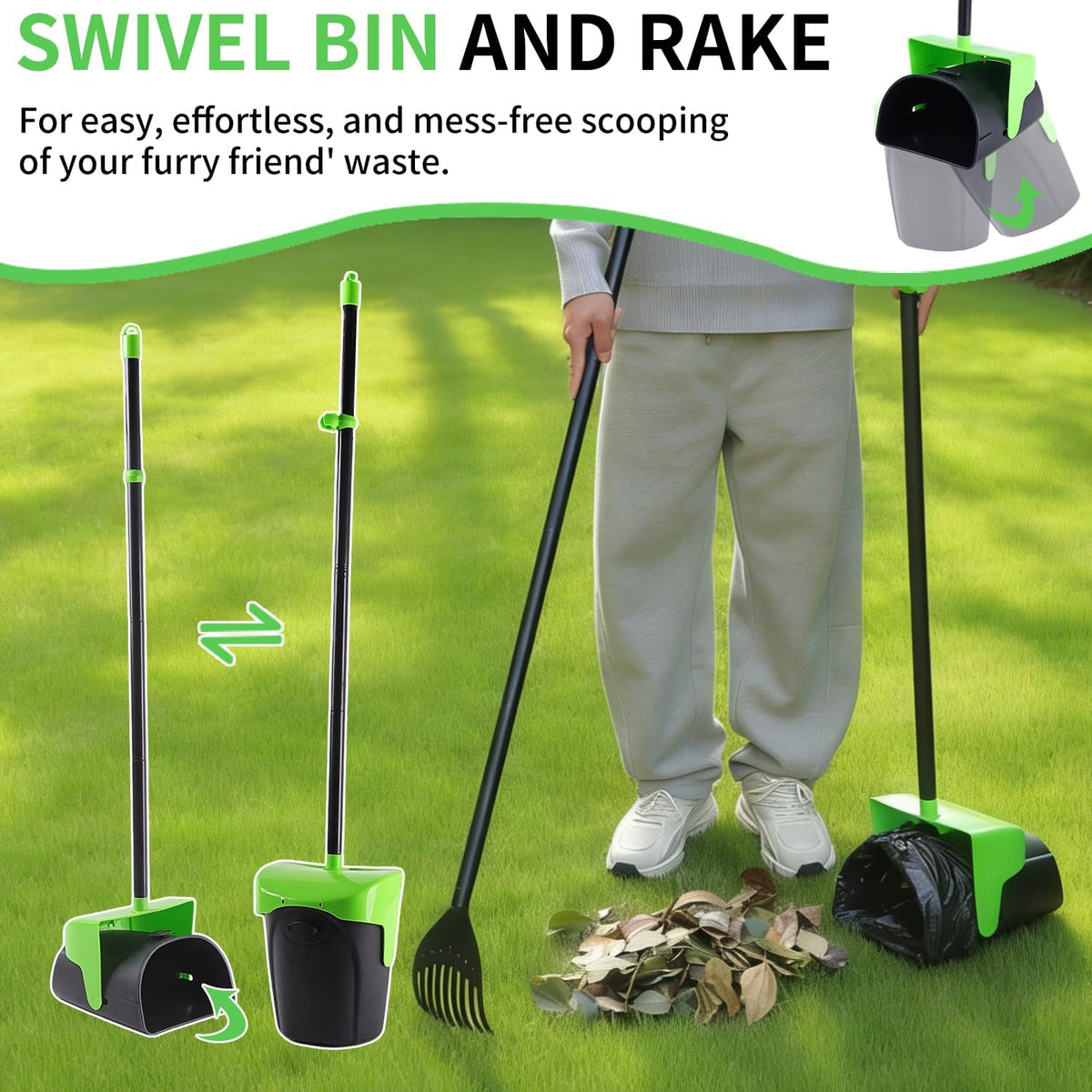 Pooper Scooper Large Swivel Bin & Rake with 160 Waste Bags - Green(43" Tall) - image 3