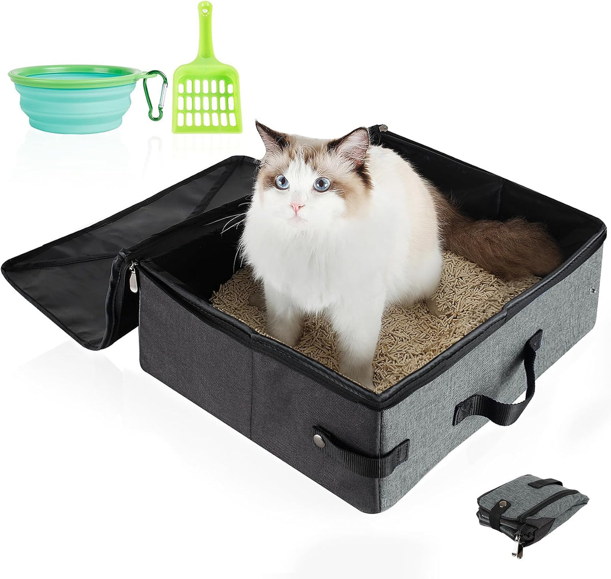 HiCaptain Portable Travel Litter Box for Cats - Grey-Grey / Medium