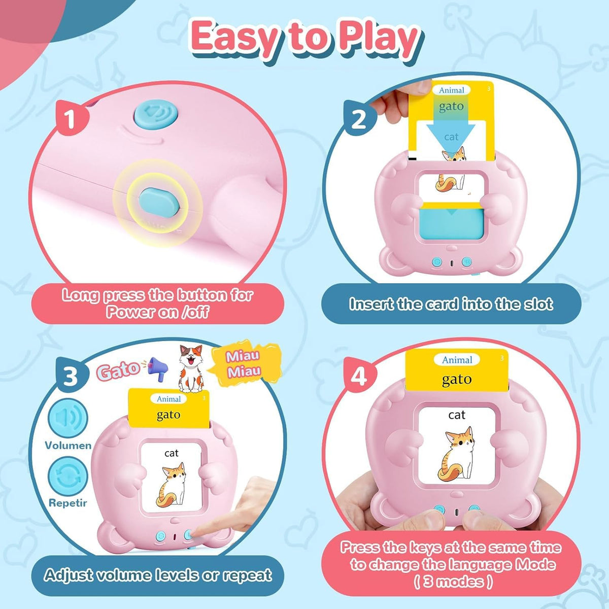 Spanish & English Talking Flash Cards for Toddler - Pink / Spanish & English (224 Words) - image 3