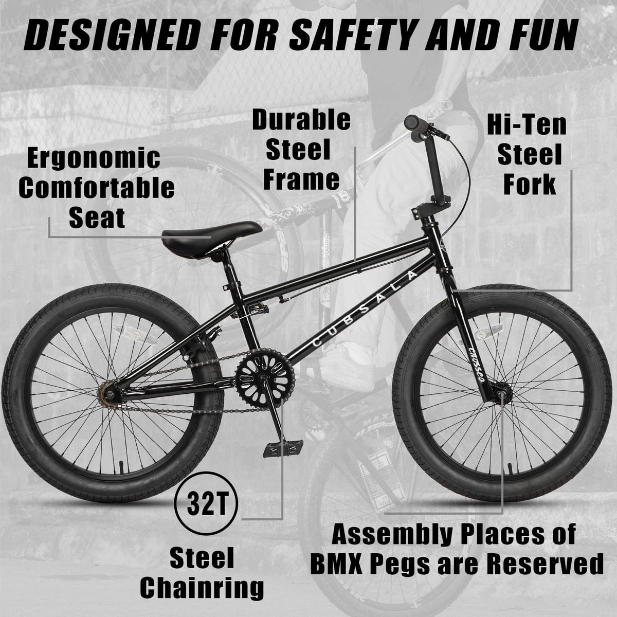 cubsala Crossea 18 20 Inch Kids Freestyle BMX Bike for 5-13 Years Old – Fun for Kids & Family - Black & Black / 18 Inch / Without Pegs - image 2