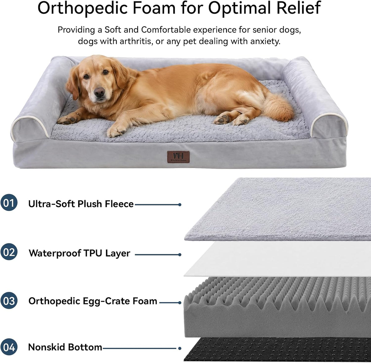 WESTERN HOME Orthopedic Dog Bed Washable Couch for Large Senior Dog - Grey / 42" x 30" x 7.5" - image 3
